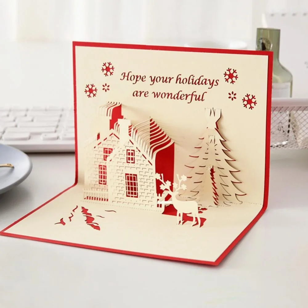 Рождественская елка 3D вверх поздравительная открытка лазерная резка конверт открытка ручной работы подарок год