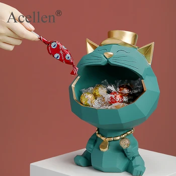 

Lucky Cat Figurine Home Decor Modern Nordic Candy Storage Box Flat Back Resin Geometric Desk Living Room Decoration Accessories