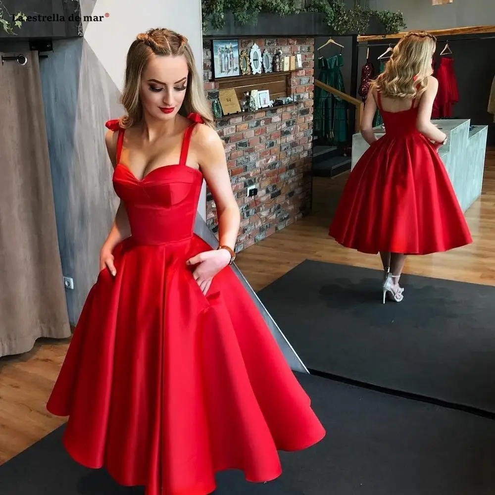 Brautjungfernkleid, новинка, атласное Пышное красное платье подружки невесты с бантом, платье длиной до середины икры, vestidos dama de honor boda, свадебное платье