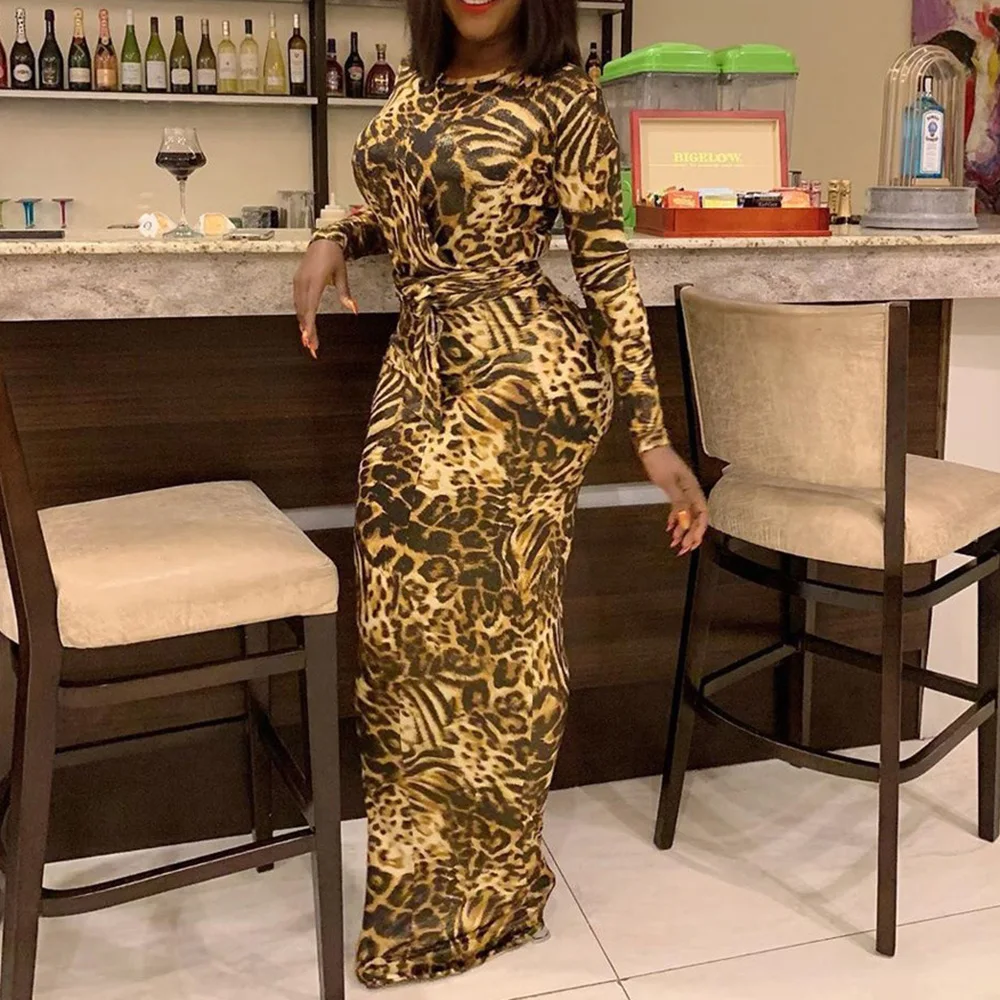 

Leopard Printed Long Party Dress Women Bodycon Stretch Evening Dress Long Sleeve African Vintage Sexy Maxi Robe de soiree