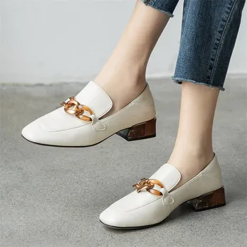

High Heels Women Pumps Natural Genuine Leather Thick Heel Loafers Shoes Real Leather Square Toe Shoes Ladies Size 33-40