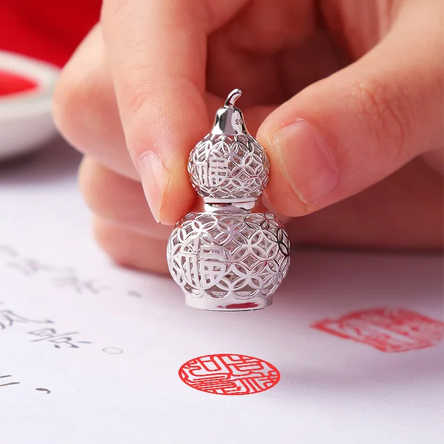 Introducing the 14mm Round Pure Silver Chinese Name Stamp Gourd Hollow Carved Keychain Car Pendant Diary DIY Hand Account Signature Metal Seals