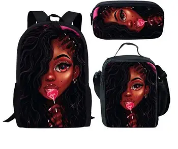 

Hot Kids School Bag for Children Black Art Afro Girls School Backpack Students 3pcs/set Shoulder Bookbag Mochila Escolar