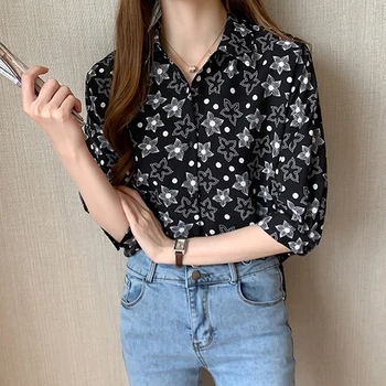 

Black White Flower Shirts Summer Women Tops Half Sleeve Turn-Down Collar Women Blouses Casual Loose Print Chiffon Shirt Female
