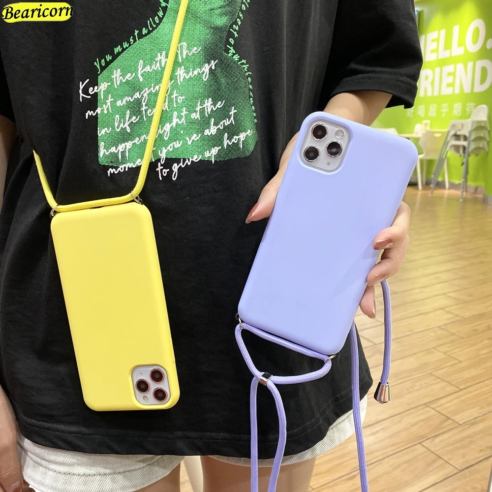 

Liquid Silicone Case For iPhone 11 12 Pro XR X Xs Max mini 7 8 6 6s Plus MAX 5 5S SE Crossbody Lanyards Cover With Rope Strap