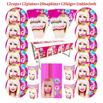 

Barbie Party Theme Disposable Tableware Design Kids Birthday Party Paper Plate+Cup+Napkin+Flag+Tablecloth 57pcs Party Supplies