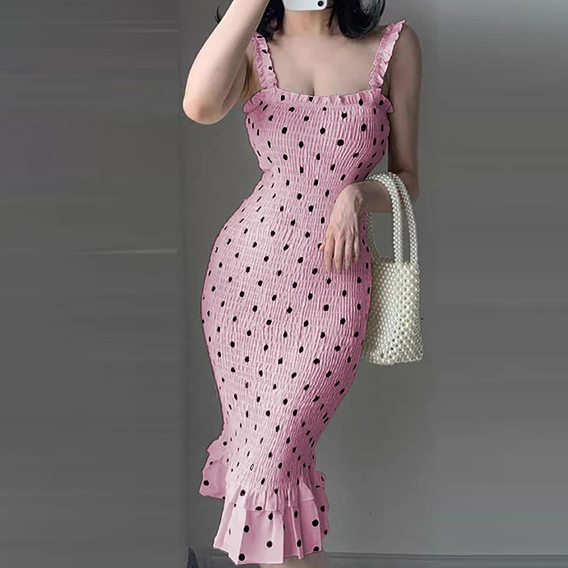 Women Fashion Polka Dots Print Bodycon Party Dress Chic Ruffled Hem Thick Strap Cocktail Party Midi Dress