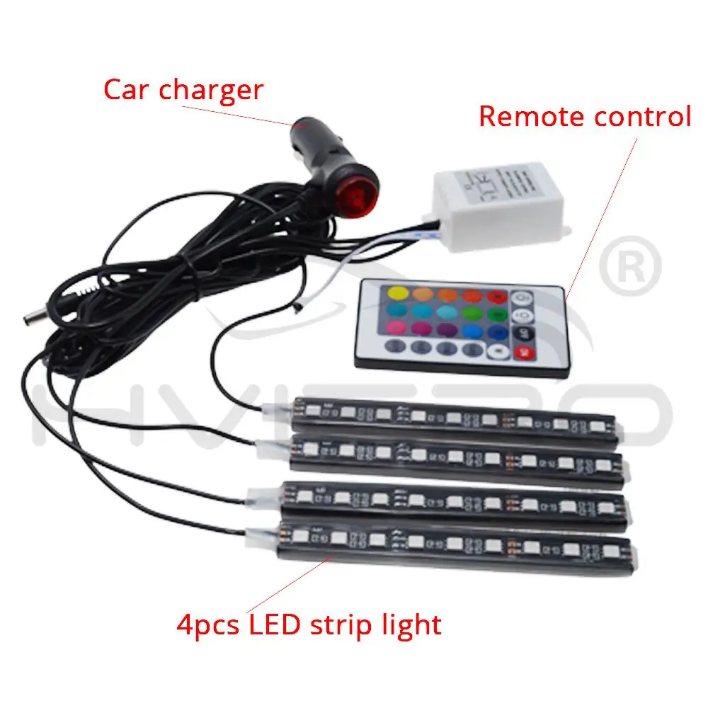 4 шт. Автомобильный светодиодный RGB светодиодный светильник 5050 SMD с автоматическим пультом дистанционного управления, декоративный гибкий светодиодный купольный атмосферный комплект противотуманных фар 12 В постоянного тока