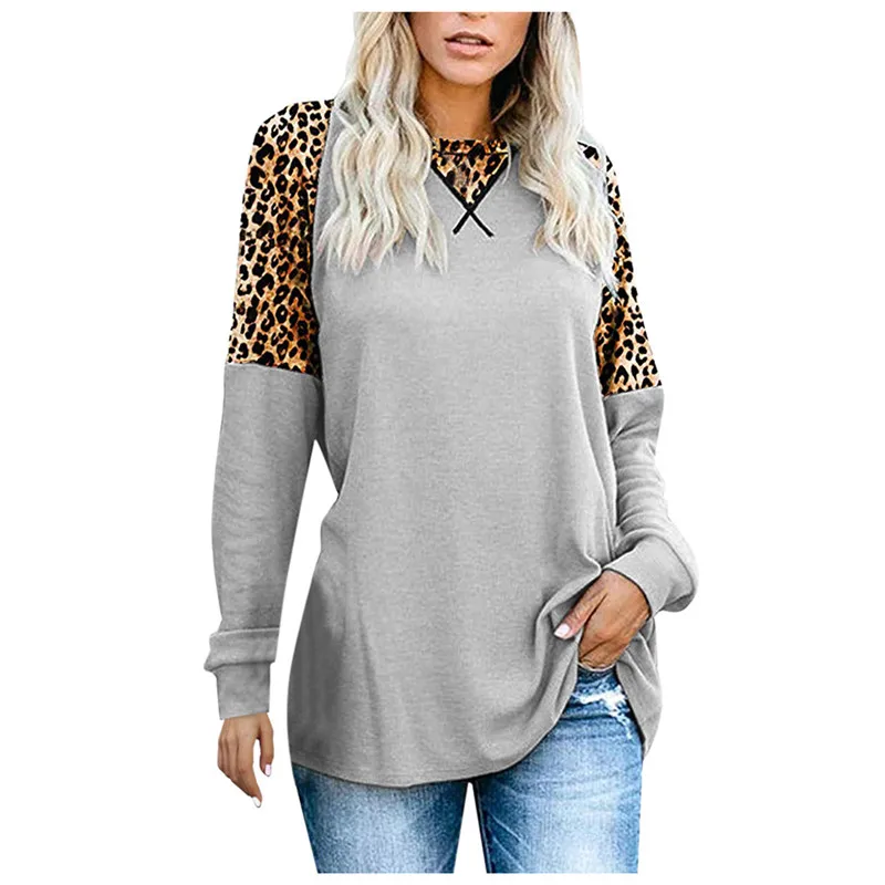 Vetement Femme, женская футболка с длинным рукавом и леопардовым принтом, повседневные футболки Harajuku с круглым вырезом, женские осенние Топы размера плюс, одежда 3XL - Цвет: gray tshirt