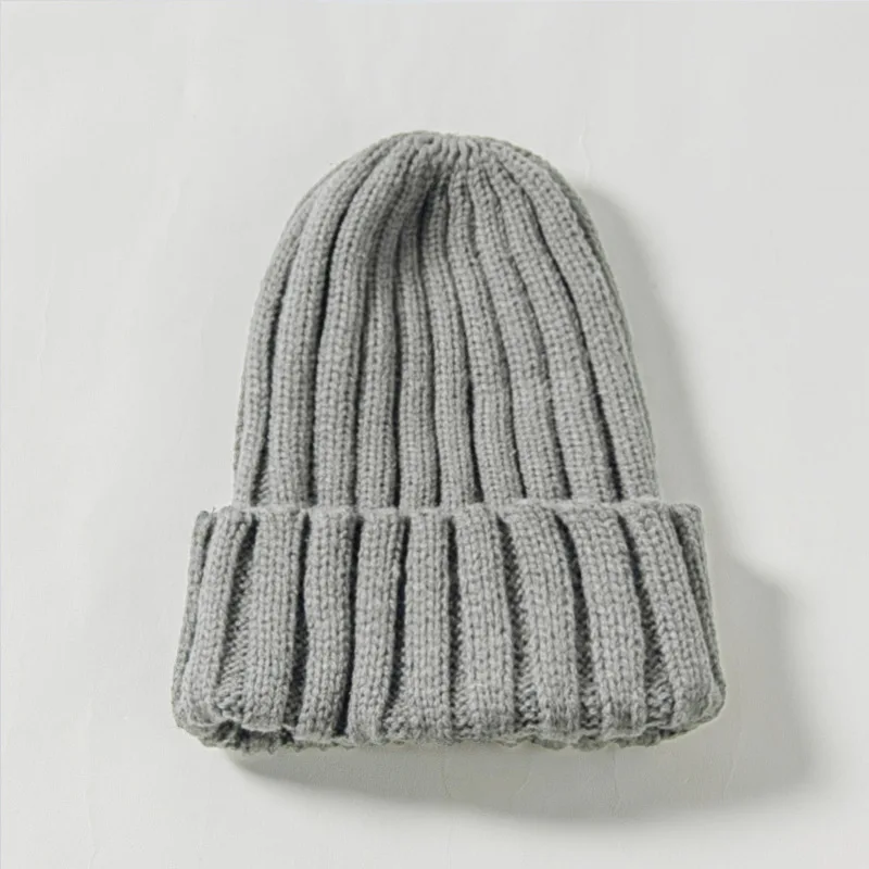 Модная детская шапочка; зимняя однотонная теплая шапка для маленьких мальчиков и девочек; Детские шапки ярких цветов; эластичные шерстяные вязаные шапки - Цвет: Серый