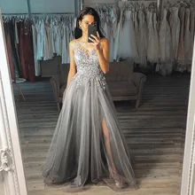 Трапециевидные платья для выпускного вечера с Боковым Разрезом Robe De Soiree серый кружевной аппликацией длинное вечернее платье