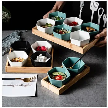 

Ceramic Matte Hexagonal Solid Color Sample Eat Separate Dish Dessert Fruit Bowl Seasoning Dish Bamboo Tray Set Kitchen Supplies