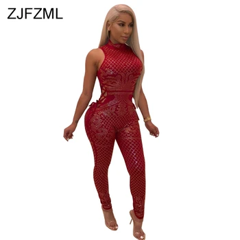 

Geometric Rhinestones Rompers Womens Jumpsuit Turtleneck Sleeveless Bodycon Party Bodysuit Casual Hollow Out Full Length Overall