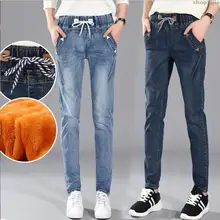 Свободные брюки с эластичной резинкой на талии, плотная верхняя одежда для девочек с бархатными штанами 200 фунтов размера плюс 5XL, женские зимние джинсы