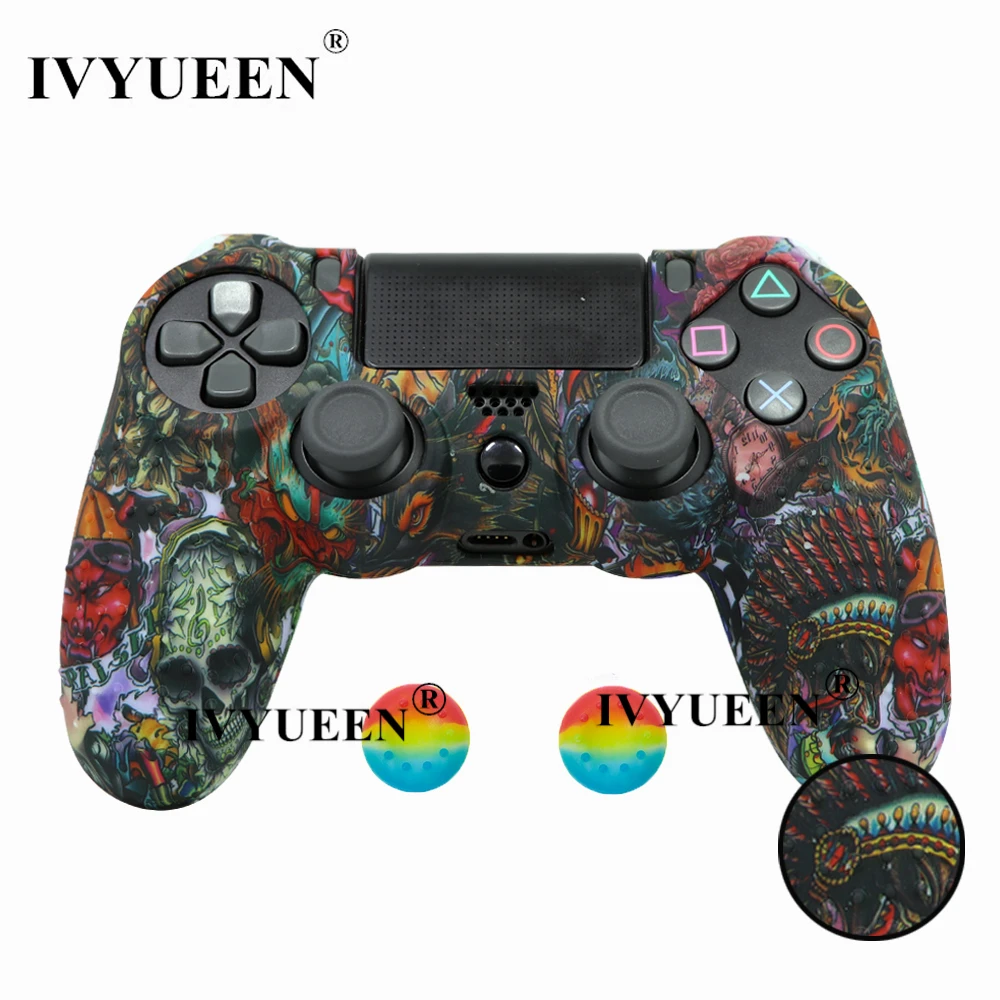 IVYUEEN 25 Colors For PlayStation 4 PS4 Pro Slim Controller Silicone Protective Skin Case Cover Thumb Grip Caps for Dualshock 4 - Цвет: Devil
