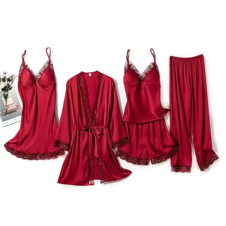 Women Sexy Pajamas 5PCS Satin Sleepwear Pijama Lace Home Wear Home Clothing Embroidery Sleep Lounge Pyjama with Chest Pads