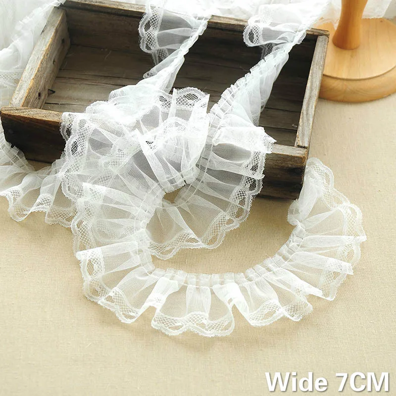 

7CM Wide Princess White Mesh 3d Pleated Lace Fabric Embroidered Fringe Ribbon Wedding Dress Collar Skirts Neckline Sewing Decor