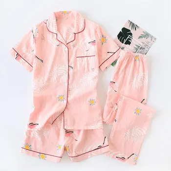 

Women's Cotton Leaf Print Three-piece Spring and Summer Short-sleeved Shorts + Trousers Ropa Mujer Ladies Printed Pajamas Suit