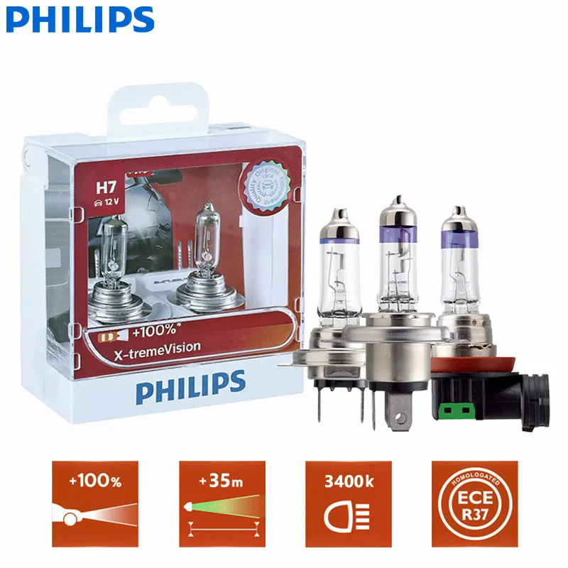 Philips X-Treme Vision H1 H4 H7 H11 9003 9005 9006 Hb2 Hb3 Hb4 Xv 12V + 100% Più Luminoso Di Luce Alogena Auto Della Lampada Del Faro (Doppia)
