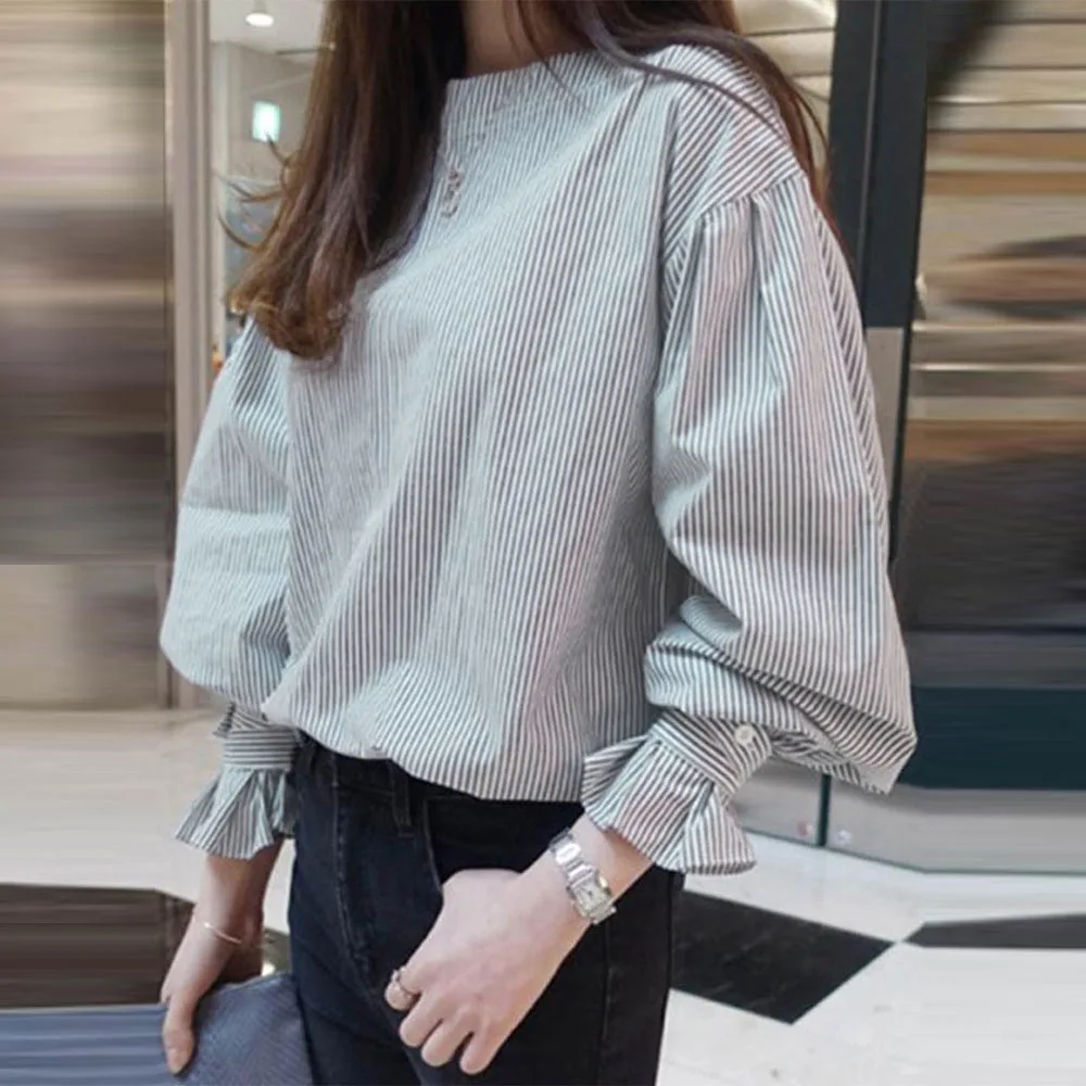 

Stripe Round Neck Lantern Sleeve Pullover Women Blouse Korean Spring Autumn Long Sleeve Office Ladies Casual Tops Shirts Tee