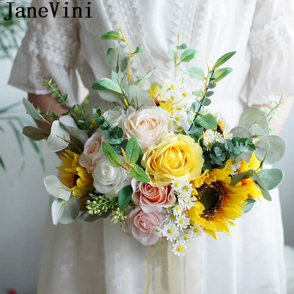 JaneVini 2020 Ramo Artificial Roses Wedding Bouquet for Brides Silk Flowers Pink Yellow Sunflower Bridal Bouquets Fake Brooches