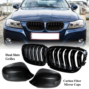 

4Pcs Gloss Black Double Line Front Kidney Grille & Carbon Rearview Mirorr Cover For-BMW E90 E91 3-Series 2009 - 2011