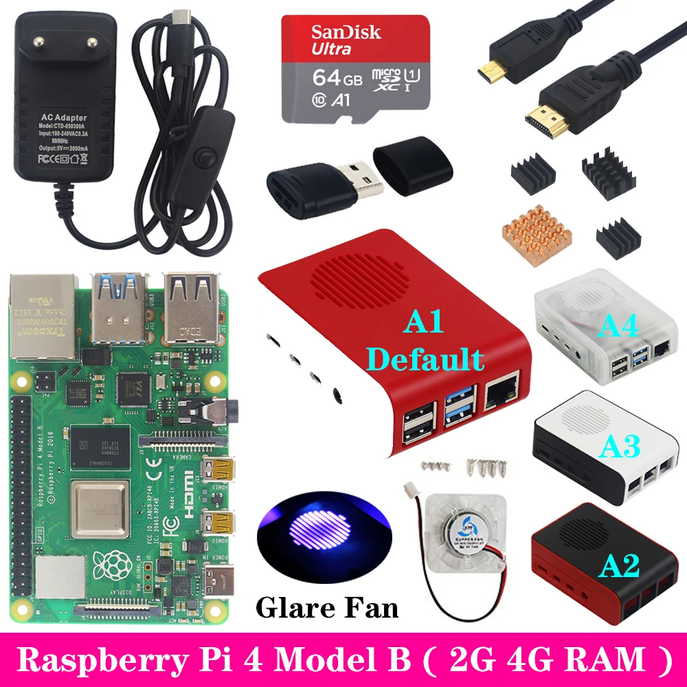 

Raspberry Pi 4 2GB 4GB RAM with ABS Case Glare Fan 3A Power Supply Adapter Micro HDMI Cable for Raspberry Pi 4 Model B Pi 4B Pi4