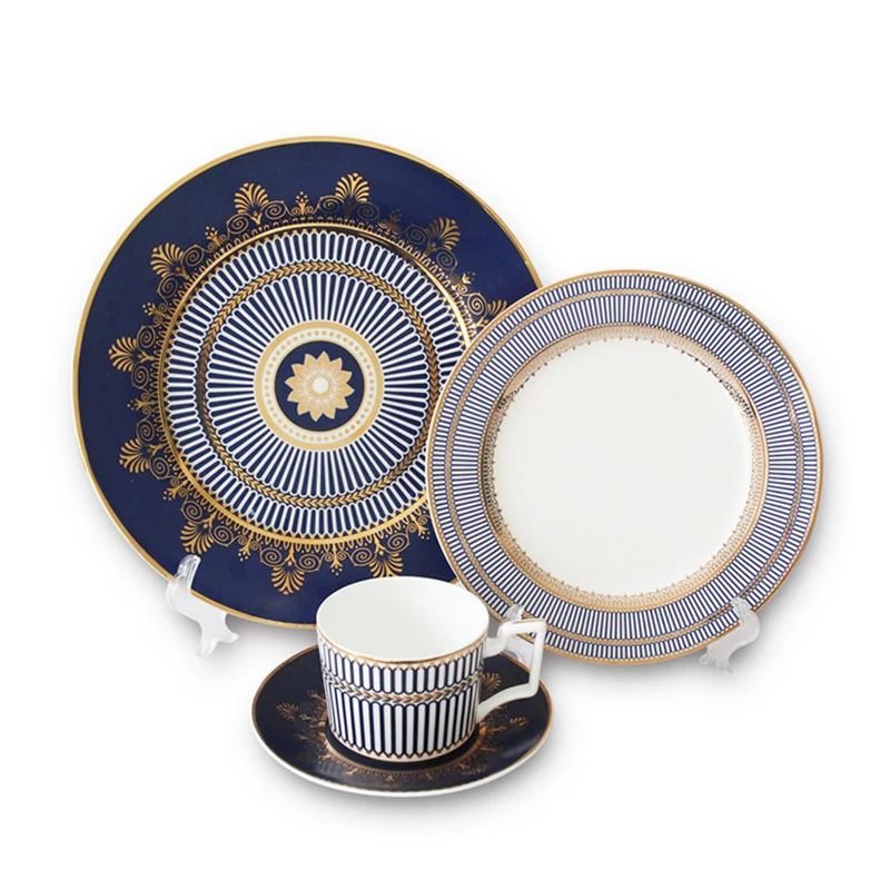 Elegant Blue Bone China Steak Plate, Ceramic Dinner Dish, Coffee Cup Saucer, Family Dinnerware, Home Decoration