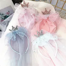 Children Girl Kids Cute Hairbands Headbands Bow Knot Crown Birthday Veil Yarn Princess Fashion Head Wear Accessories-SWD-W19 Headwear