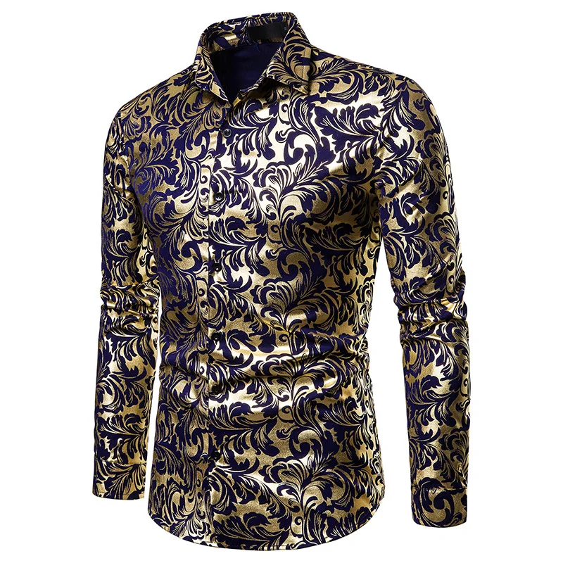 

Men Autumn Slim Hipster Luxury Black Gold Bronzing Printed Long Sleeve Shirt Wedding Party Male Dress Shirts Camisa Masculina