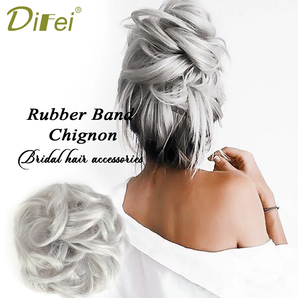 DIFEI Synthetic Curly Messy Chignon Donut Gray Black Colors Hair Bun Elastic Hair Rope Rubber Band Wrap On Ponytail Hairpieces girls curly scrunchie chignon with rubber band brown black synthetic hair ring wrap on messy bun ponytails straight hair tie