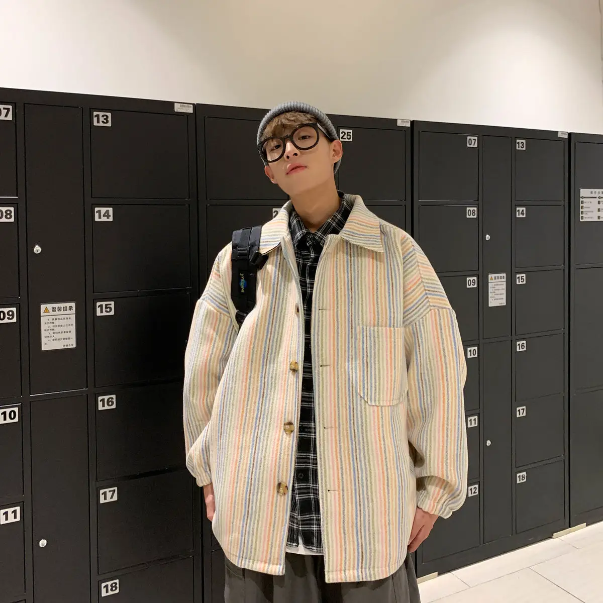 

2020 Autumn And Winter New Youth Popular Loose Men's Rainbow Striped Woolen Coat Fashion Casual Single-breasted Top M-3XL