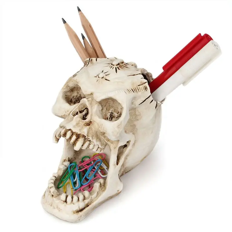 

New Skull Head Ornament Skeleton Pen Holder Desktop Pencil Organizer Makeup Storage