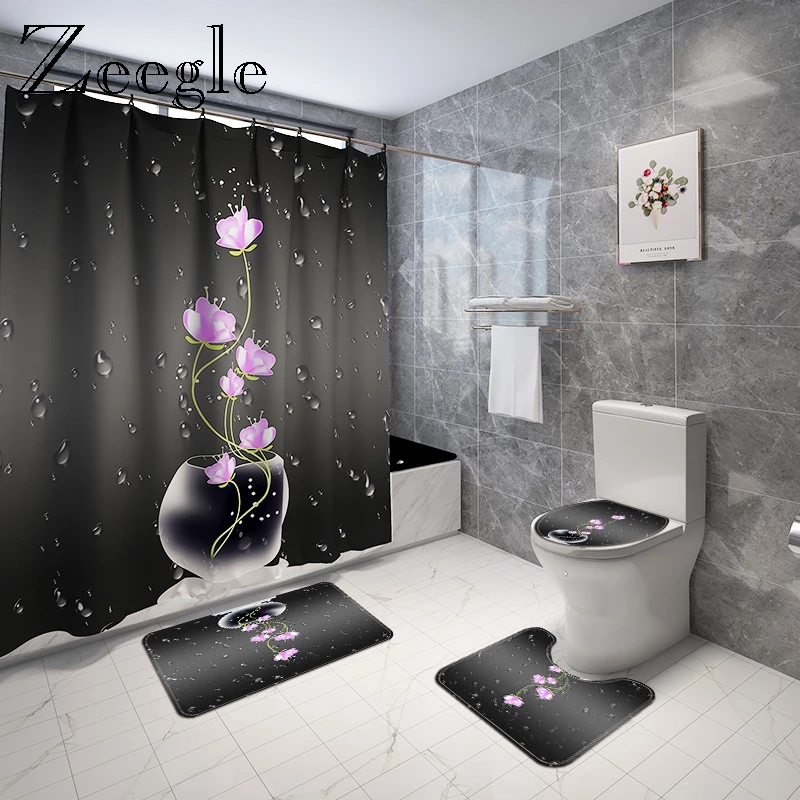 Printed Floral Bath Mat and Shower Curtain Set Absorbent Toilet Floor Carpet Microfiber Toilet Seat Cover Mat Bathroom Foot Mat