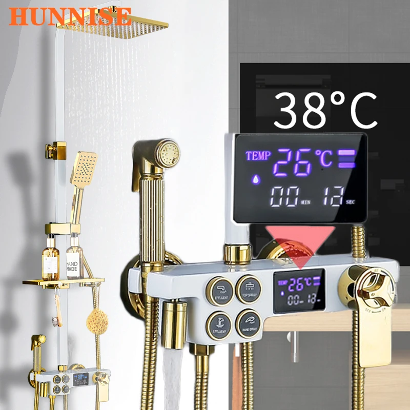 

Thermostatic Shower Faucet Quality Brass LED Digital Bathroom Shower System Set Rainfall Shower Head White Gold Shower Mxier Tap