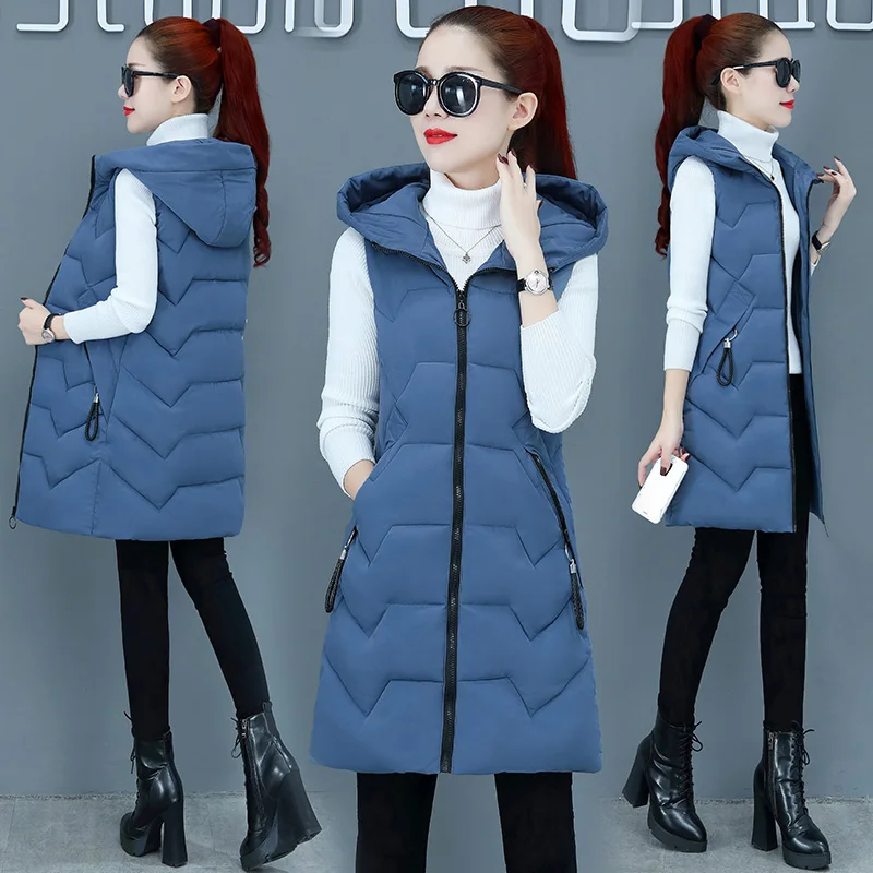 Women Cotton Vest Winter Autumn New Female Sleeveless Waistcoat Hooded Warm Long Vest Solid Coat with Zipper