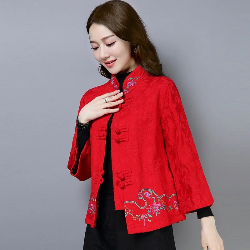Женские китайские Топы Весна 2019 осень Мандарин Воротник винтажные рубашки
