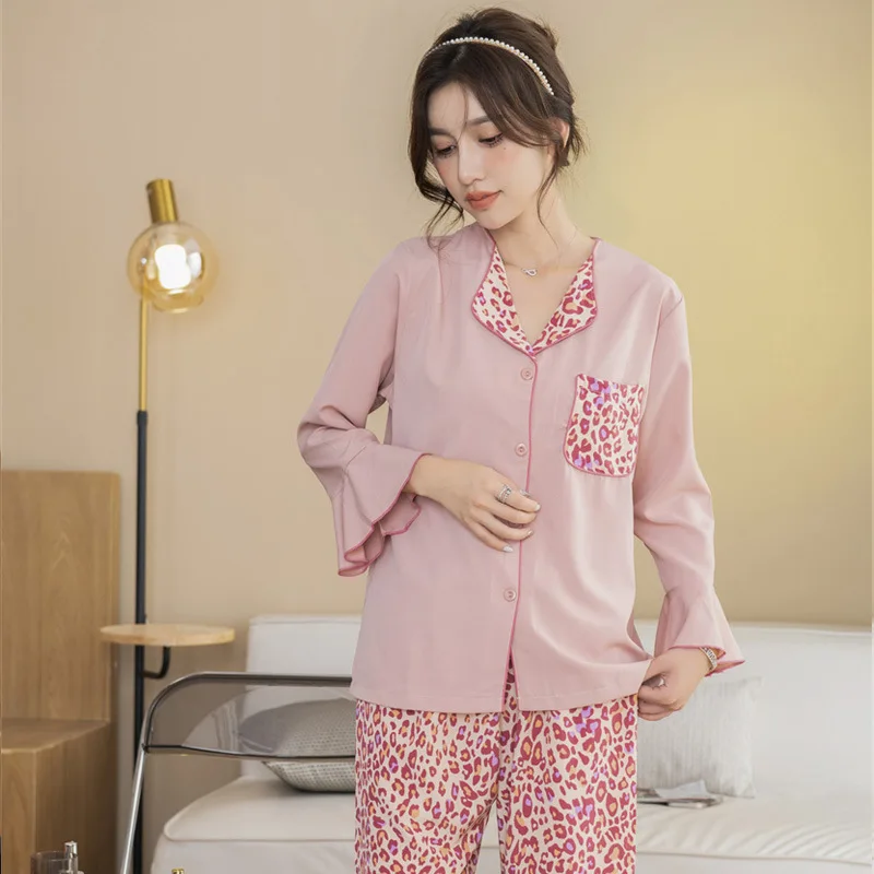 

Женский леопардовый пижамный комплект из 2 предметов, рубашка с расклешенными рукавами, пикантный пижамный комплект с отложным воротником, одежда для сна, осенняя хлопковая домашняя одежда