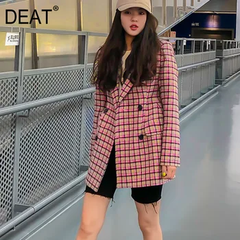 

DEAT 2020 New Autumn And Winter Turn-down Collar Full Sleeves Plaided Double Breasted Single Blazer Female Jacket 19F-a156