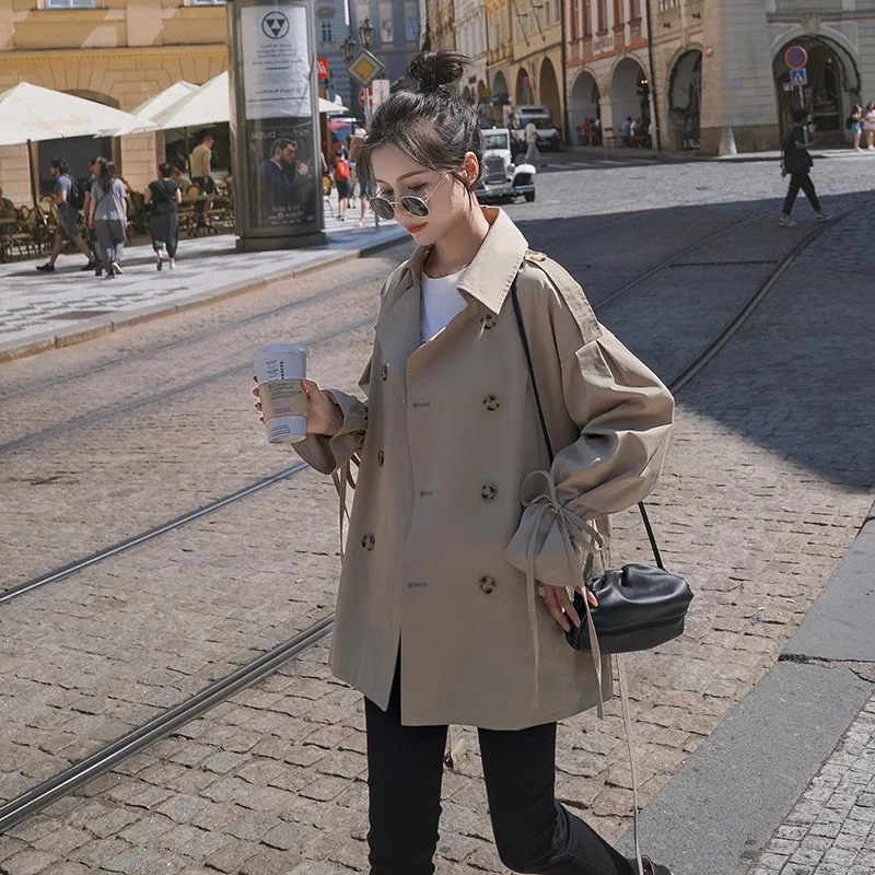 

2019 Autumn Clothing New Style Loose-Fit Western Style Black And White with Pattern Trench Coat Women's Mid-length Double Breast