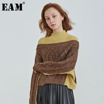 

[EAM] Contrast Color Big Size Knitting Sweater Loose Fit High Collar Long Sleeve Women New Fashion Tide Spring Autumn 2020 1K209