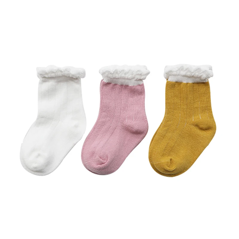 White Pink Yellow 3 пар/лот, новые осенние носки для маленьких девочек, детские носки без пузыри хлопковые высокие носки для новорожденных - Цвет: White Pink Yellow
