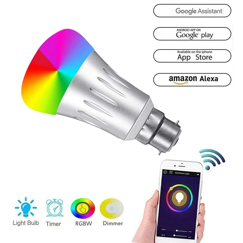 2 Pack 7W LED Smart Light Bulb B22 WiFi Light Bulb for Alexa Google Home and IFTTT RGBW Color Changing 6500K Dimmable No Hub