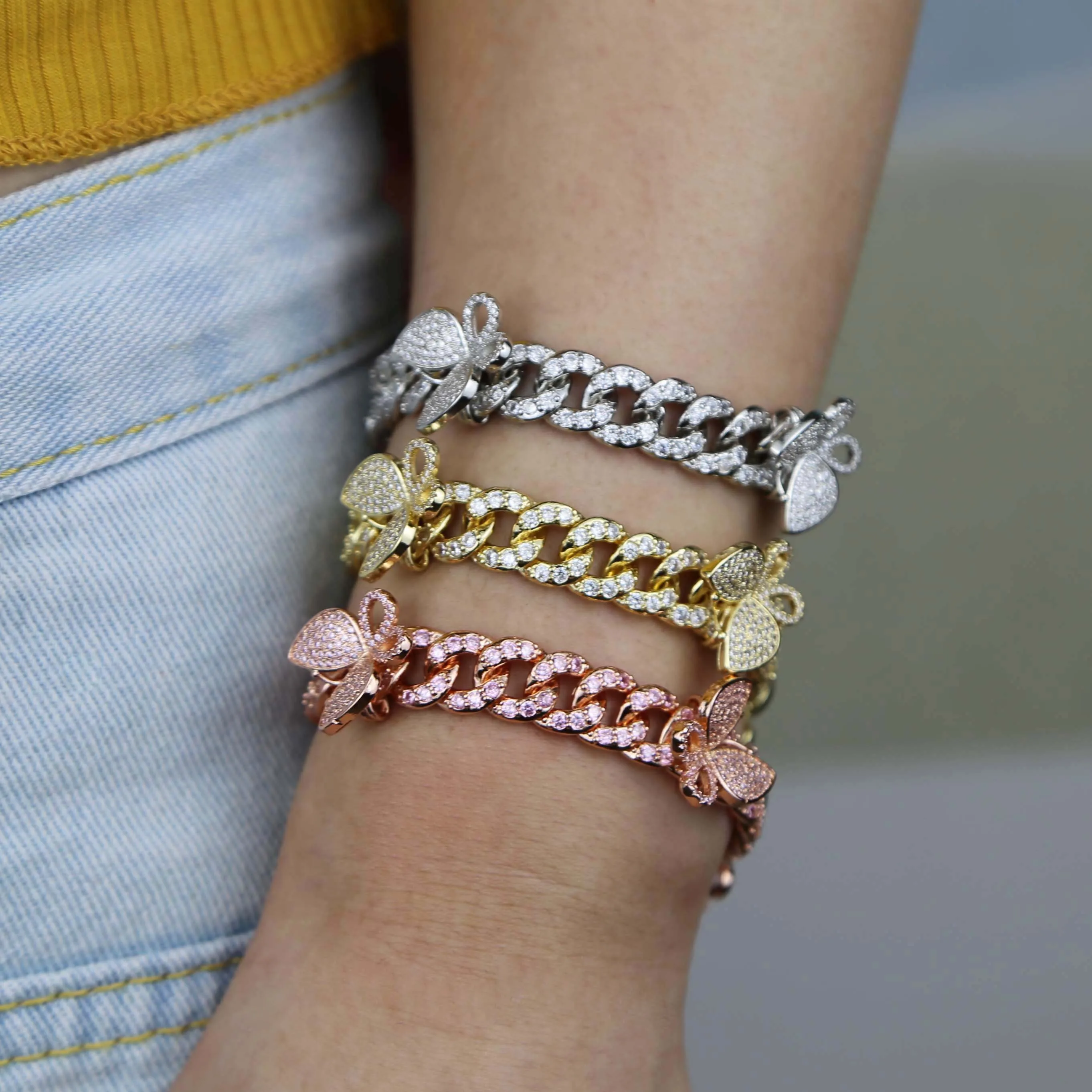 New Parking CZ Rectangle Butterfly Anklet 10mm Iced Out Bling