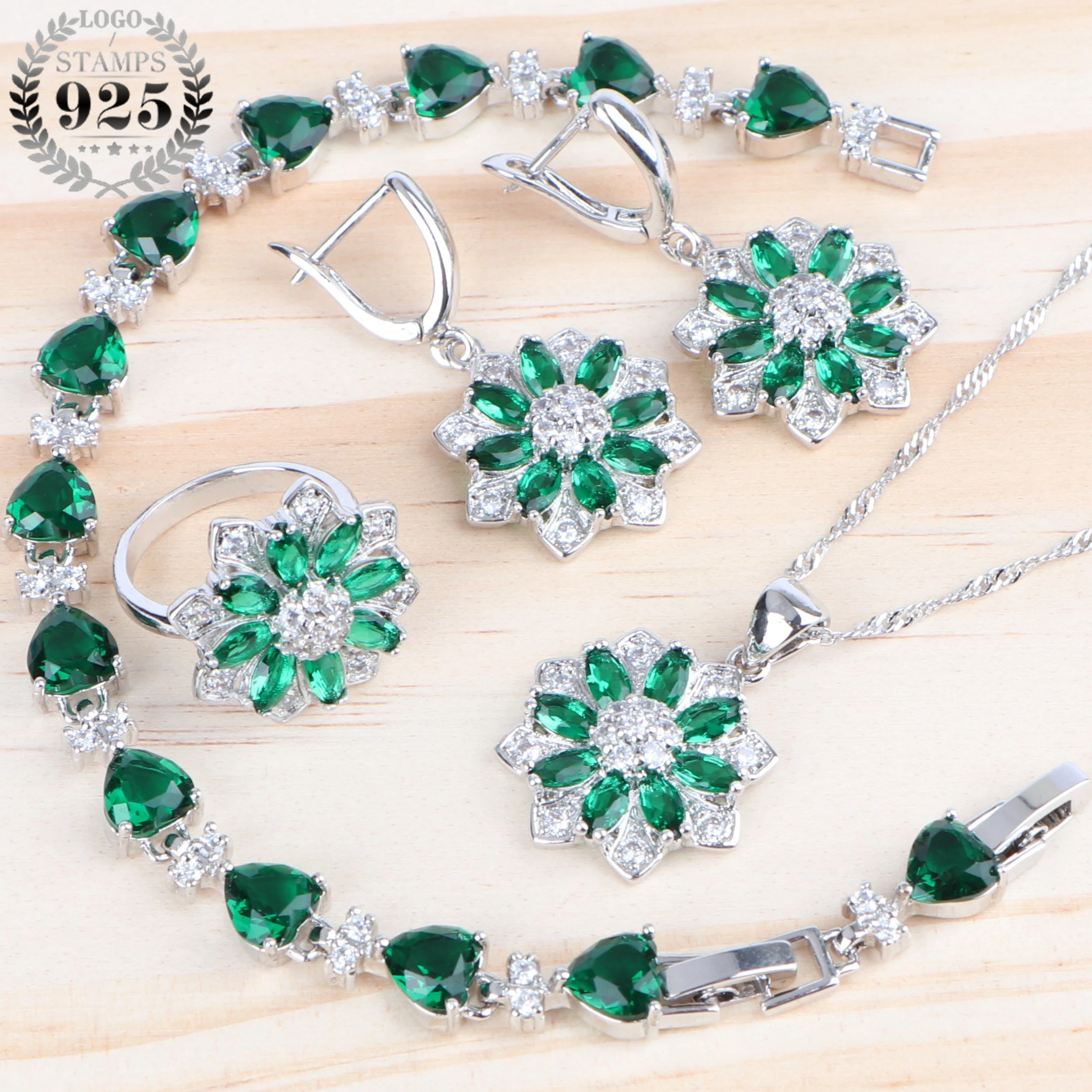 

Green Zirconia Women Costume Bridal Jewelry Sets Silver 925 Earrings Wedding Bridal Jewelry Necklace Pendant Bracelets Rings Set