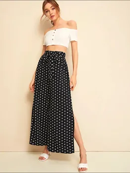 

2019 Women Fashion Wide Leg Pants High Waist Loose Casual Baggy Pant Summer Style Black Dot Casual Pants Female Trousers