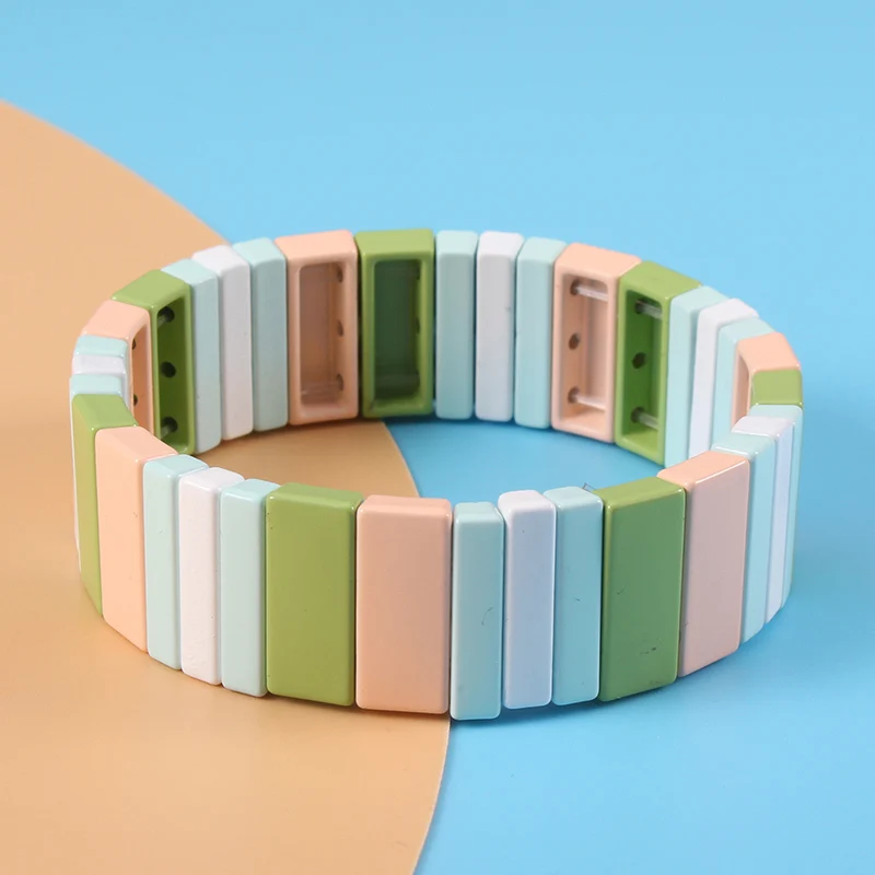 

Bohemia Style Handmade Enamel Rainbow Tile Bracelet Colorful Painted Metal Cuff Beaded Bracelet Bestfriend Gift for Women Girls