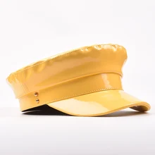 New Fashion Patent Military Hats High Quality Ladies Hats Solid Color Flat Top Hat PU Leather Bone Captain women Winter Berets