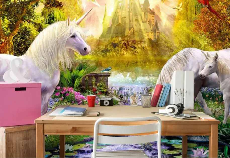 Фотообои CJSIR Sunlit замок в лесу Лотос пруд вода лошадь животные Дети фон Стена 3d