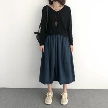 

2020 Spring and Autumn Loose Denim Skirt Women's Mid-Length Student Plain Big Swing Solid A- Line Skirts